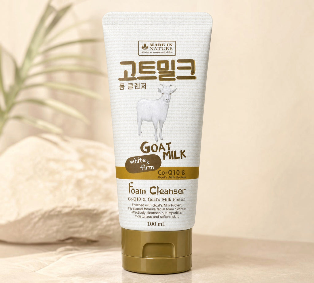 Thai Ranee Made in Nature goat milk facial foam cleanser with Co-Q10 in a white tube with gold cap