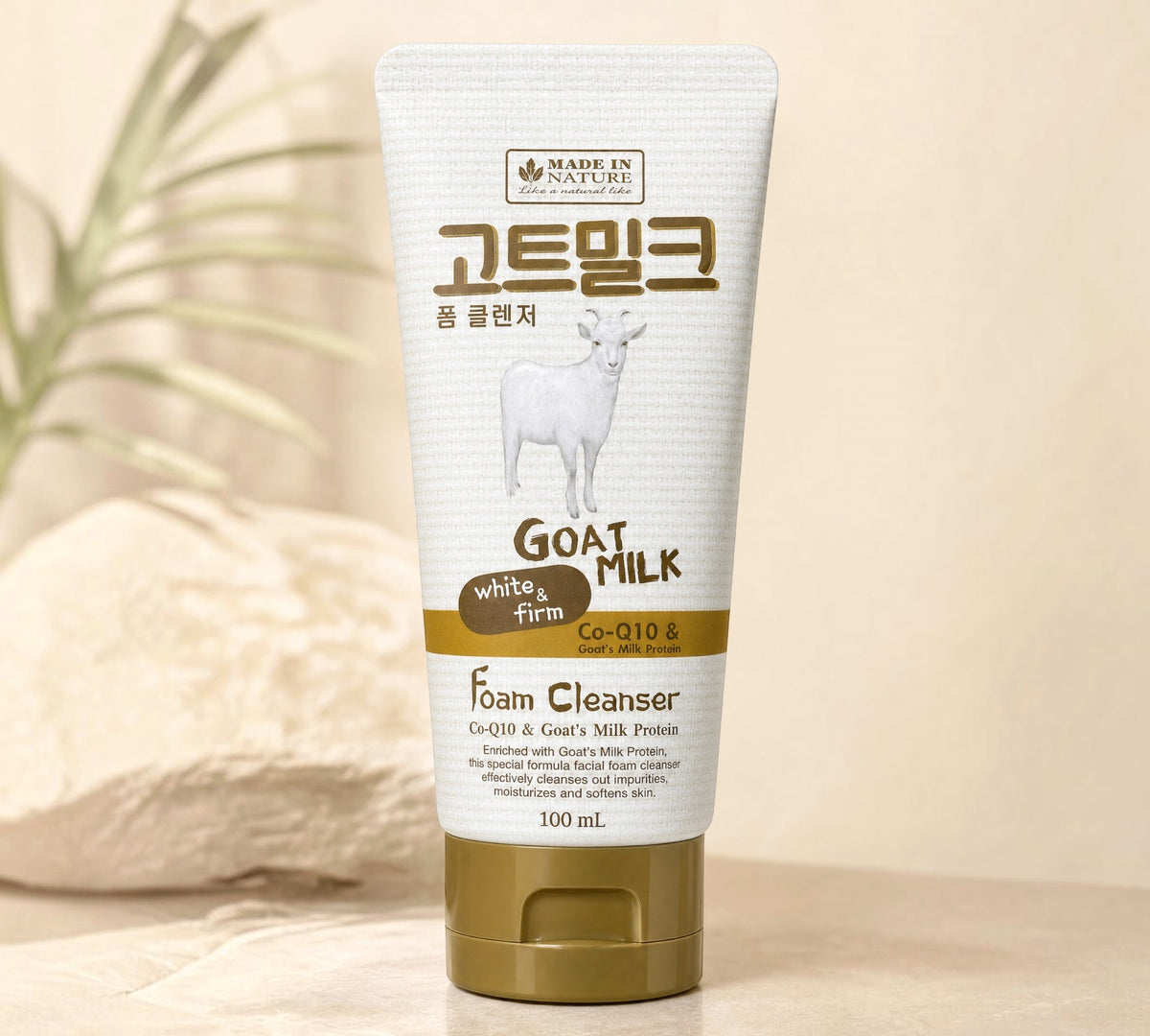Thai Ranee Made in Nature goat milk facial foam cleanser with Co-Q10 in a white tube with gold cap