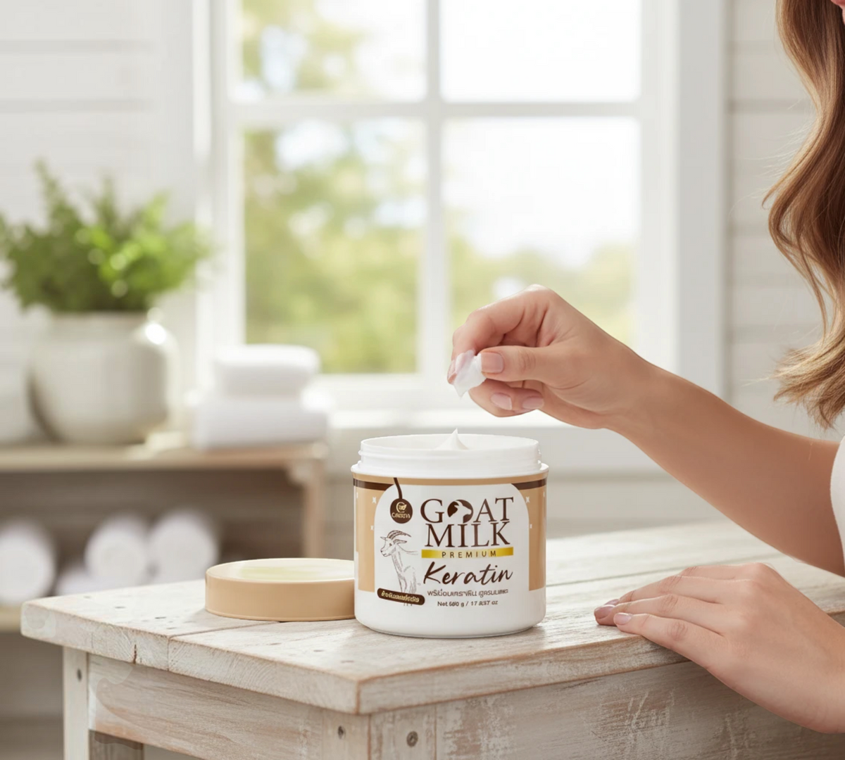 Thai Ranee Carista Goat Milk Premium Keratin hair treatment cream in a 500g jar being applied by a woman