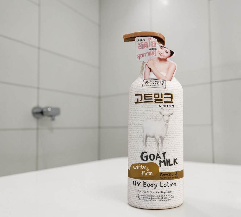 Thai Ranee Made in Nature Goat Milk White & Firm UV body lotion bottle with pump dispenser and goat illustration.