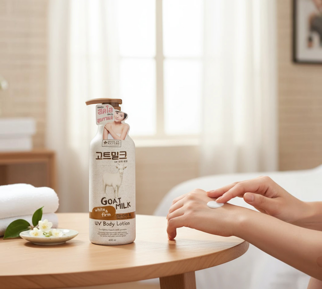 Thai Ranee Made in Nature Goat Milk UV body lotion bottle with a pump dispenser next to a hand applying the cream.