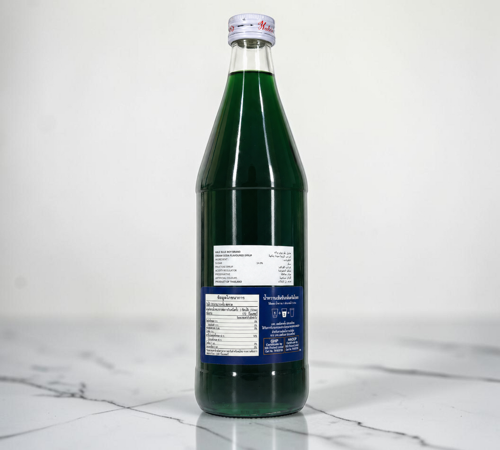 Thai Ranee Hale's Blue Boy concentrated emerald-green cream soda flavoured syrup in a 710ml glass bottle