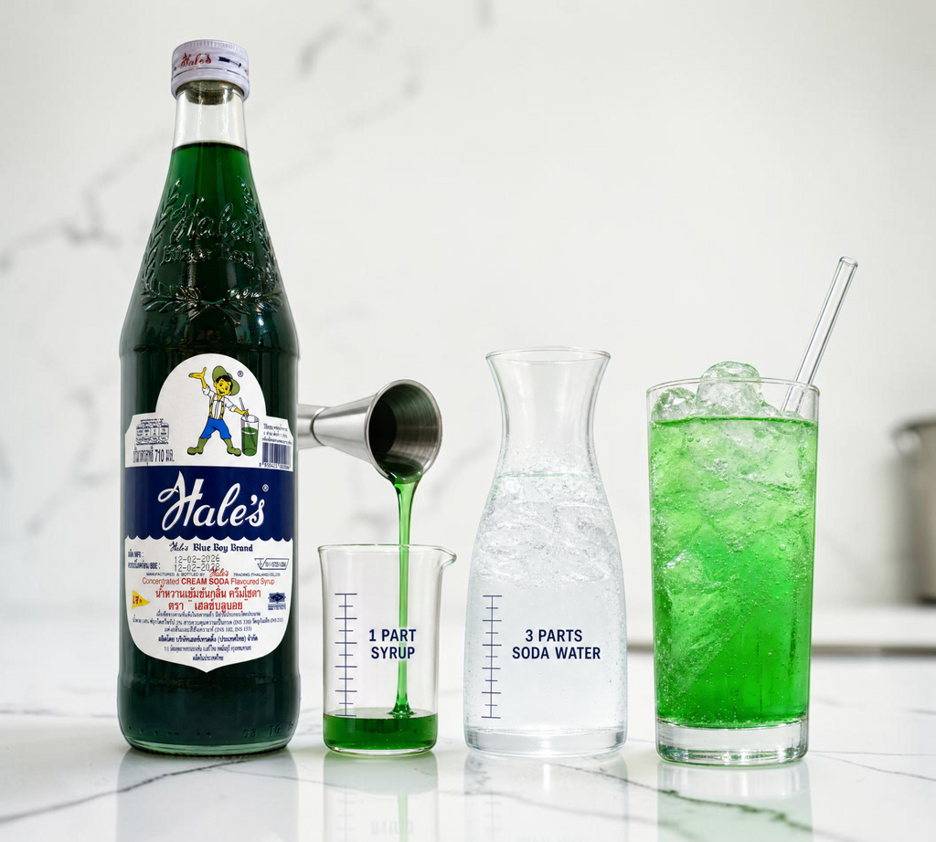 Thai Ranee Hale's Blue Boy concentrated cream soda syrup bottle with mixing instructions and a glass of green soda.