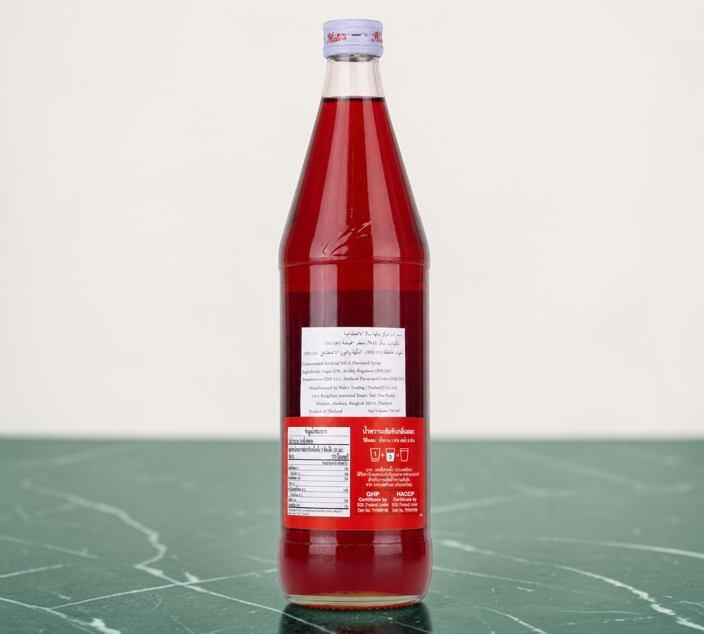 Thai Ranee Hale's Blue Boy concentrated Sala flavoured syrup in a 710ml glass bottle with a vibrant red colour.
