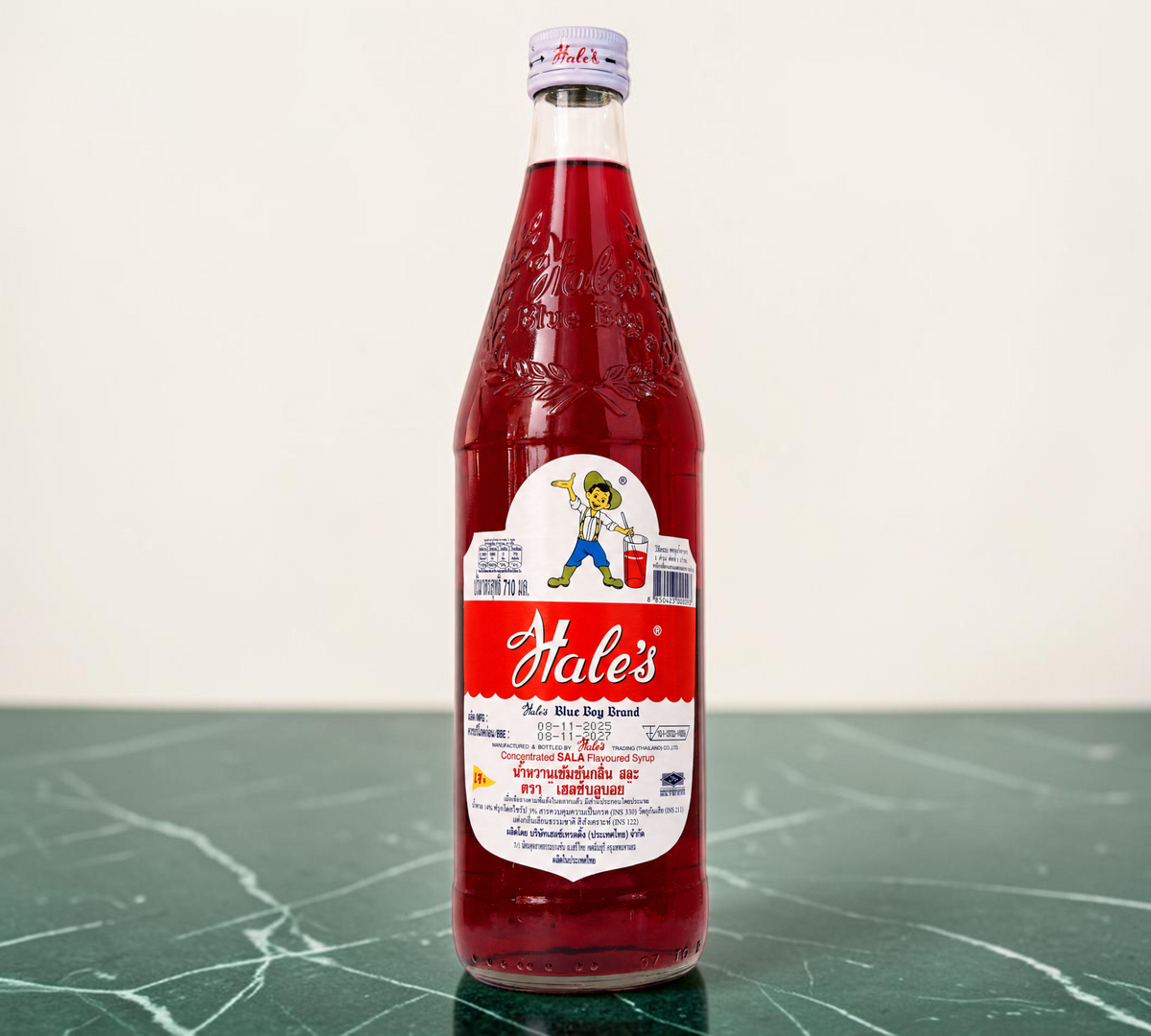 Thai Ranee Hale's Blue Boy concentrated sala flavoured syrup in a 710ml glass bottle with a signature red label.