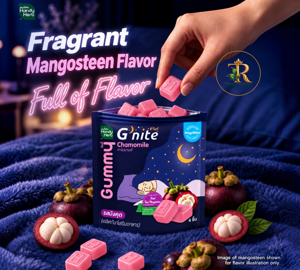 Thai Ranee Handy Herb G'nite chamomile and mangosteen sleep gummies in a sachet with fresh mangosteen fruit