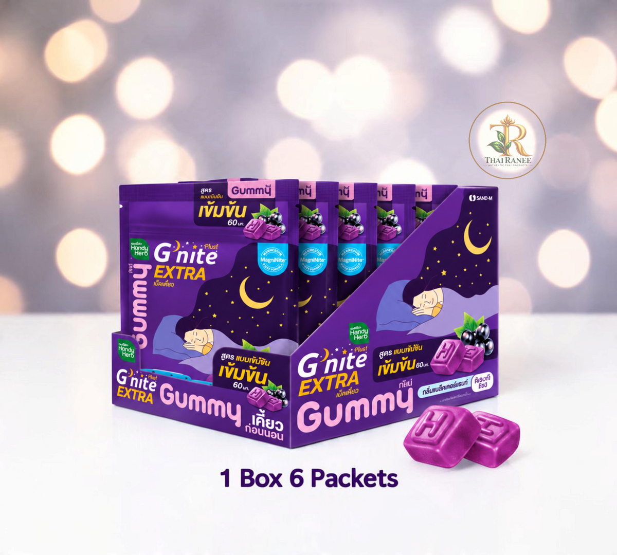 Thai Ranee Handy Herb G'nite Extra blackcurrant sleep gummies in a display box with 6 packets for restful sleep.