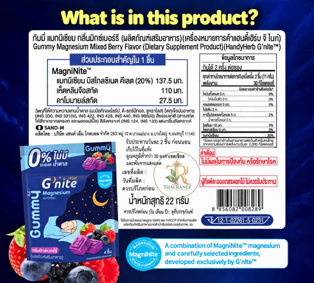 Thai Ranee Handy Herb G'nite magnesium mixed berry gummies box with nutritional information and MagniNite formula details