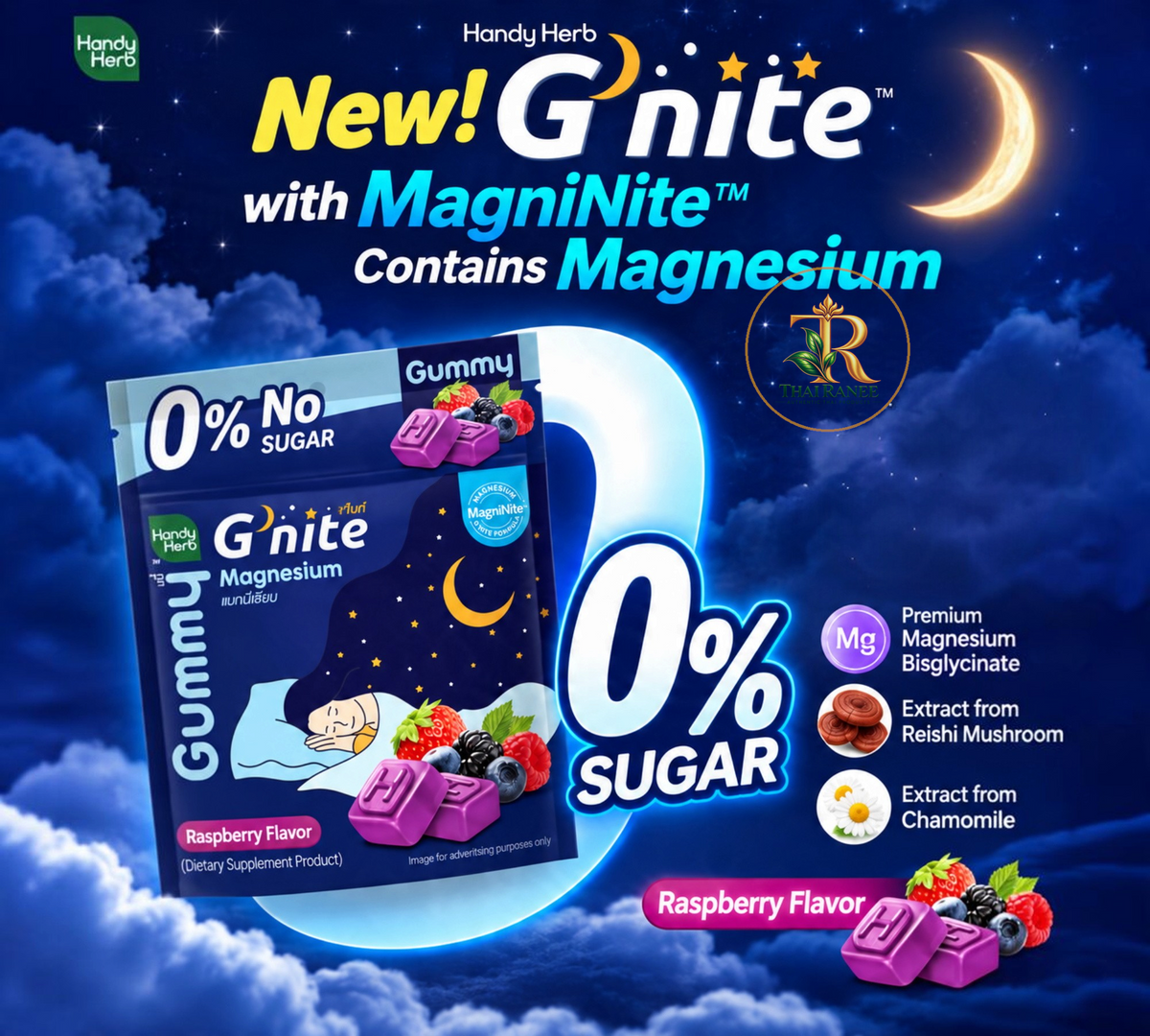 Thai Ranee Handy Herb G'nite sugar-free magnesium gummies with reishi and chamomile for restful sleep.