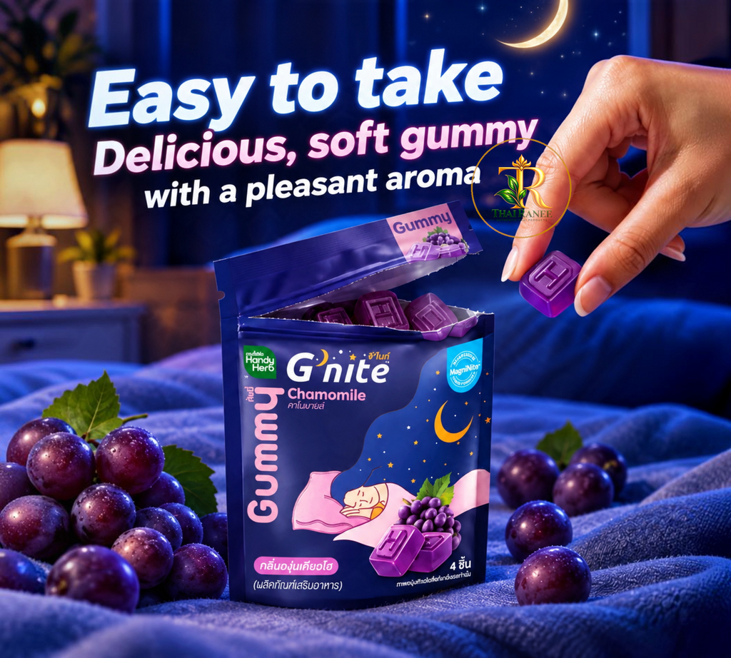 Thai Ranee HandyHerb G'nite chamomile and grape flavoured sleep gummies in a sachet with a hand holding a gummy