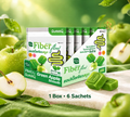 Thai Ranee HandyHerb Fiber Flow green apple digestive health gummies in a box with six sachets on a wooden surface.