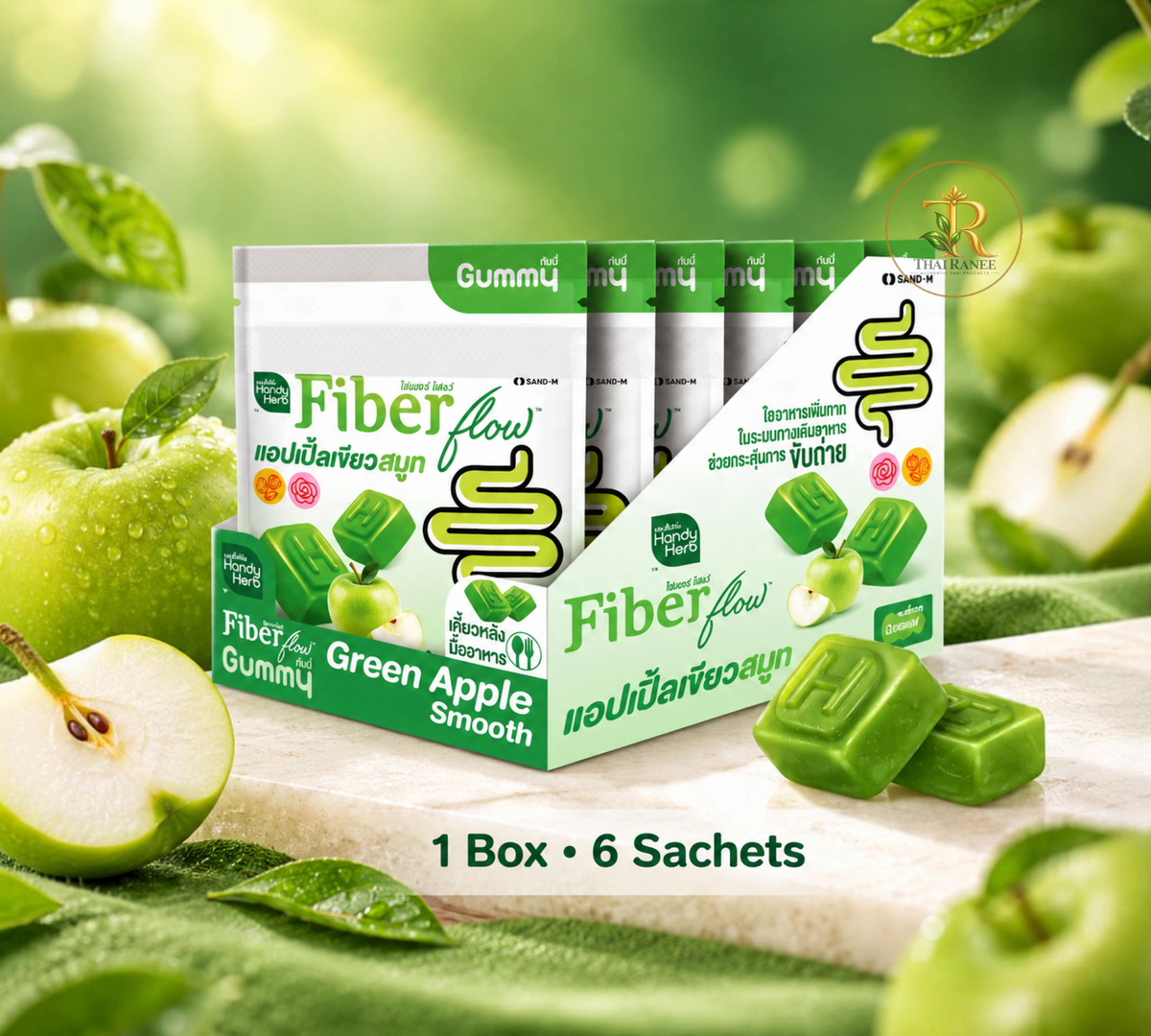 Thai Ranee HandyHerb Fiber Flow green apple digestive health gummies in a box with six sachets on a wooden surface.