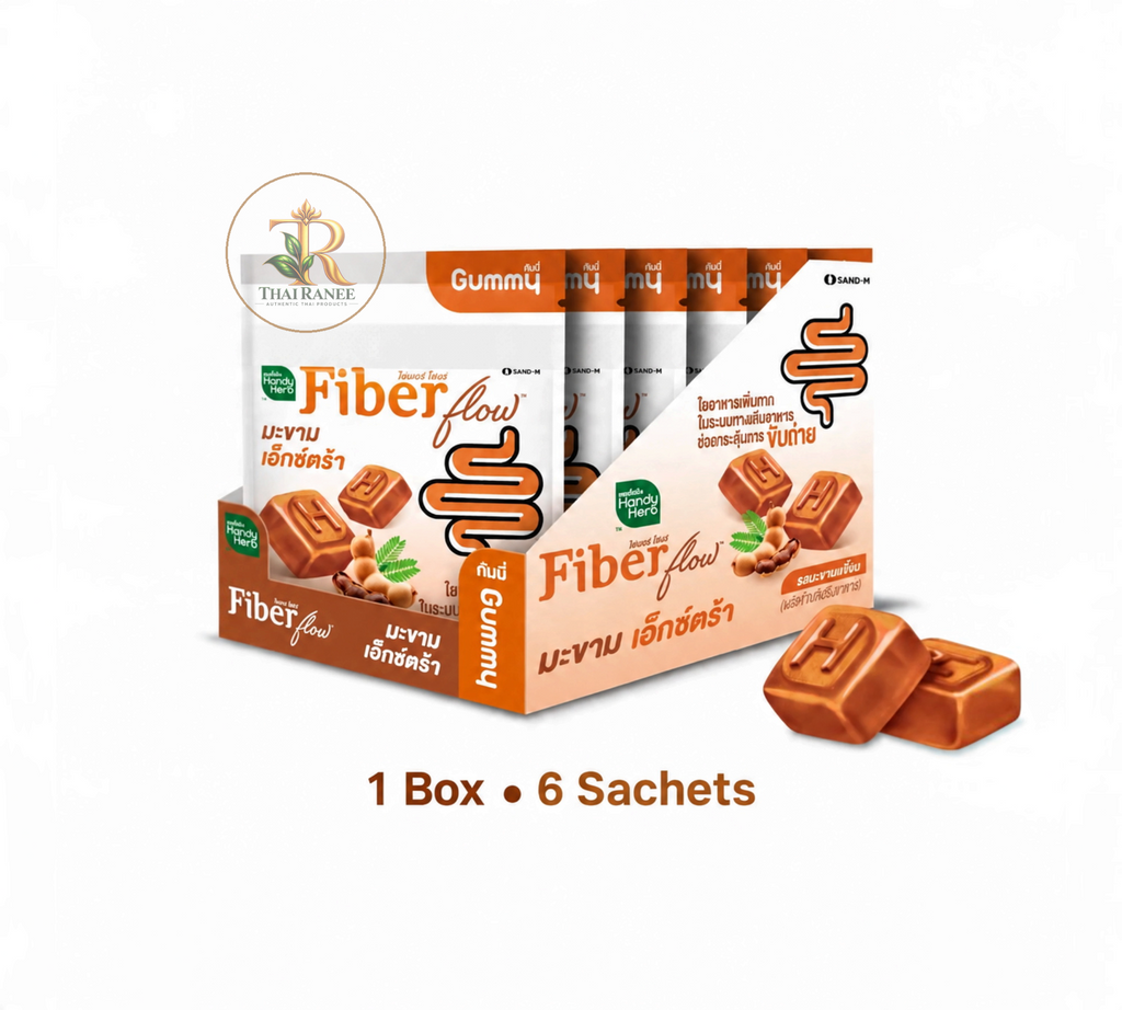 Thai Ranee HandyHerb Fiber Flow tamarind digestive supplement gummies in a display box with six individual sachets.