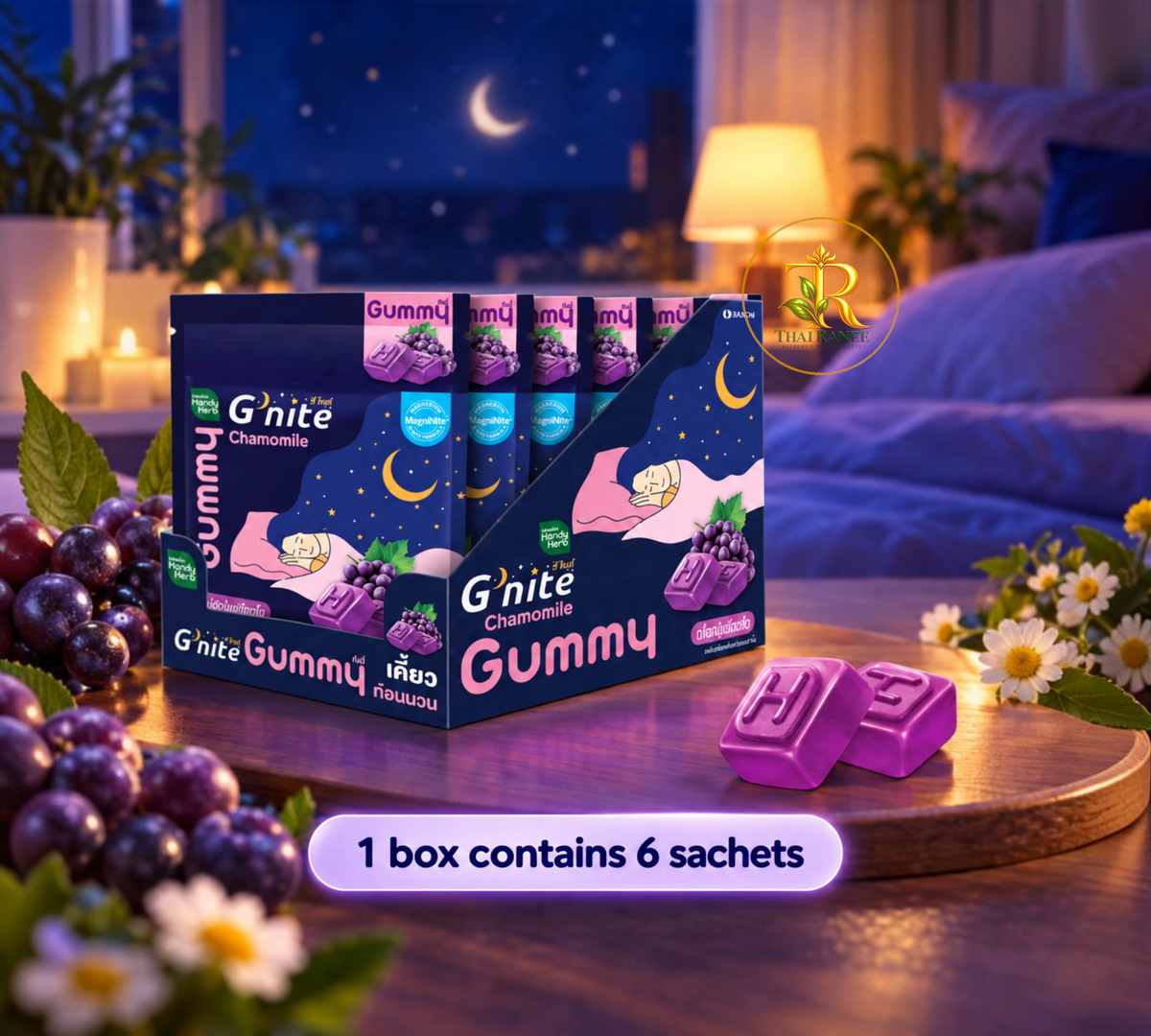 Thai Ranee HandyHerb G'nite chamomile grape-flavoured sleep gummies in a box with sachets on a wooden table at night.