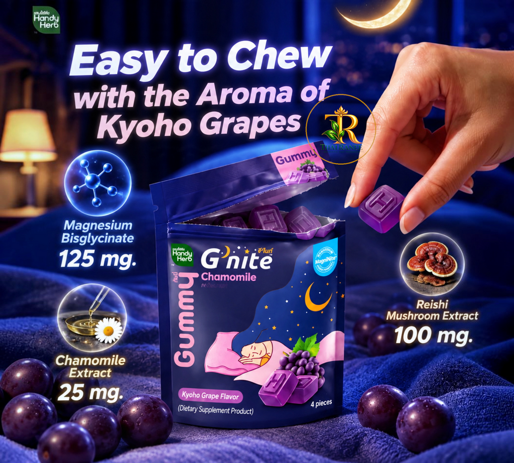 Thai Ranee HandyHerb G'nite chamomile grape gummies with magnesium, reishi, and GABA for restful sleep.