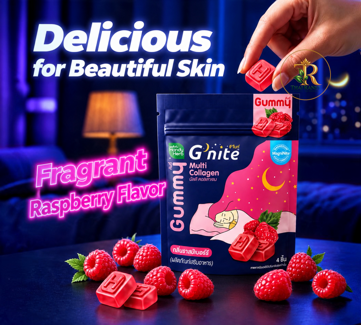 Thai Ranee HandyHerb G'nite raspberry collagen gummies in a dark blue pouch with fresh raspberries on a table