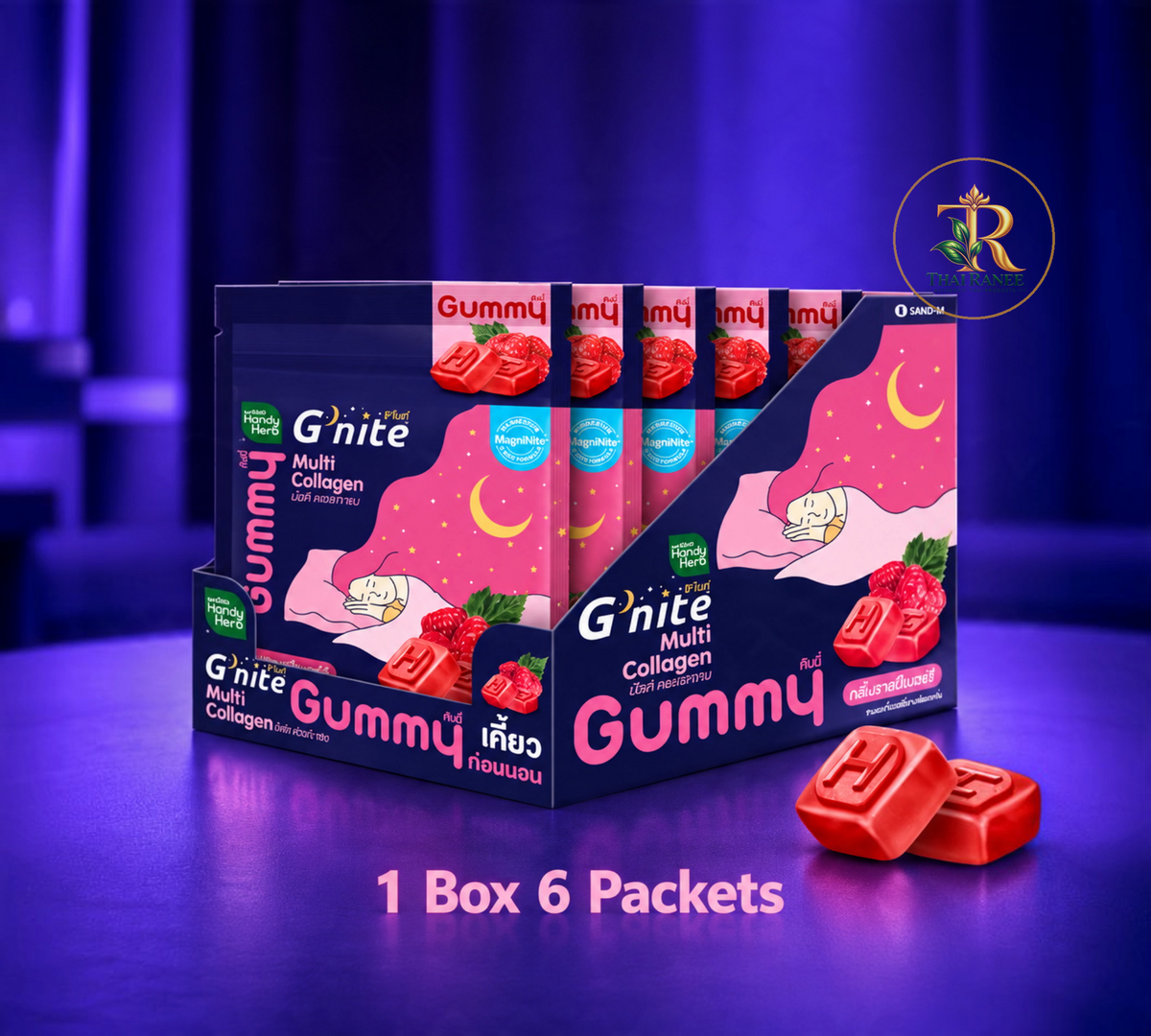 Thai Ranee HandyHerb G'nite Multi Collagen raspberry gummies in a display box with 6 packets for sleep and skin health.
