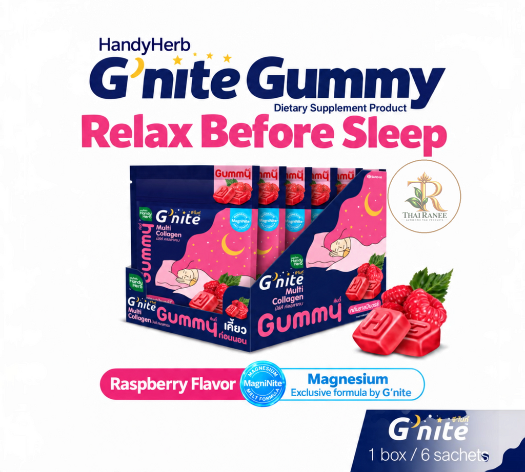 Thai Ranee HandyHerb G'nite raspberry collagen gummies in a box with 6 sachets for relaxation and skin health