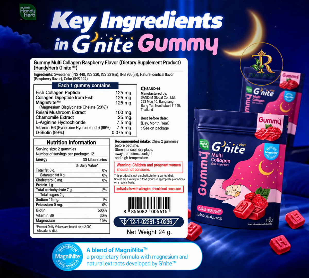 Thai Ranee HandyHerb G'nite raspberry collagen gummies with MagniNite formula, nutrition facts, and ingredient list.