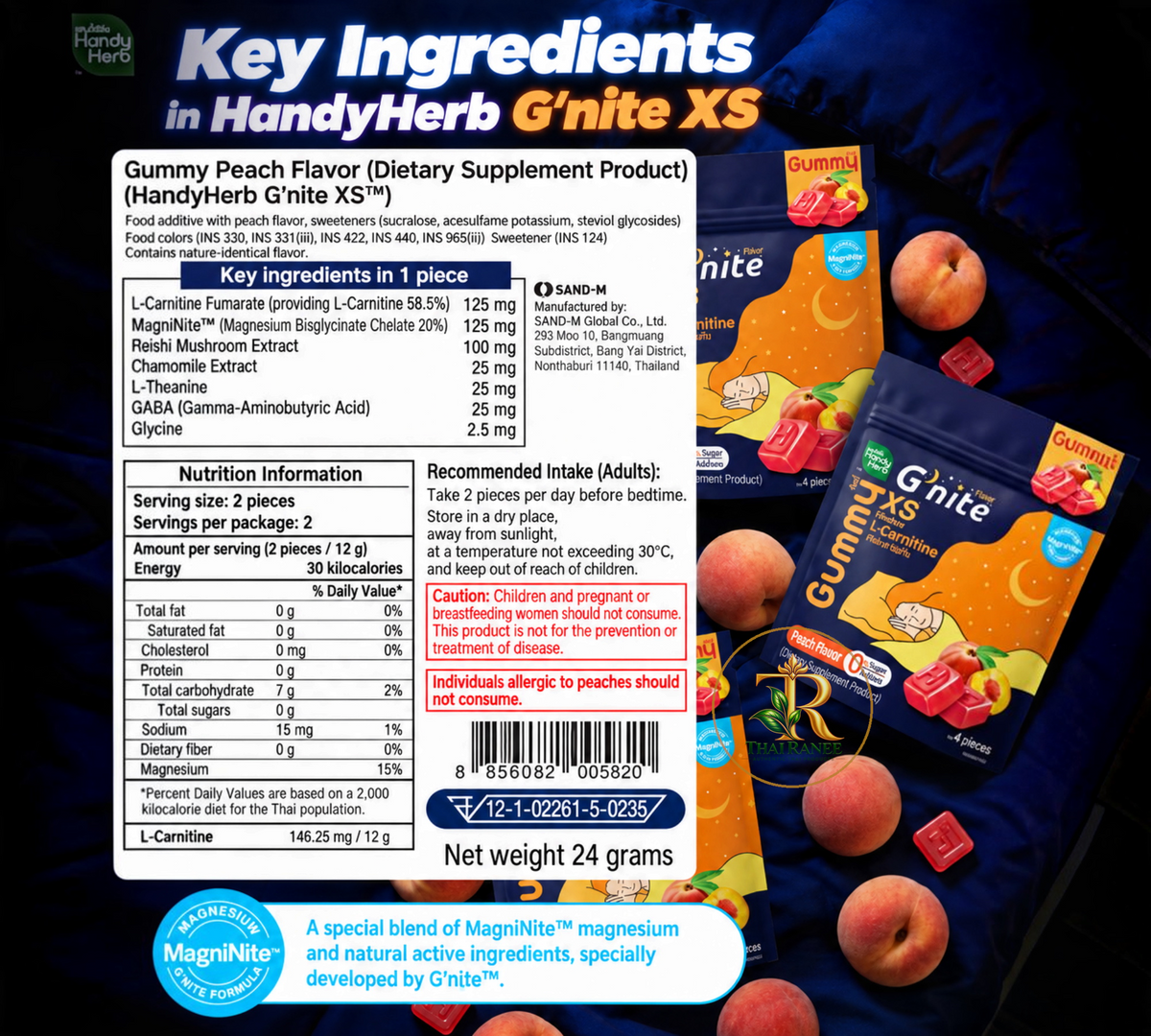 Thai Ranee HandyHerb G'nite XS peach-flavoured sleep support gummies with L-Carnitine and natural herbal extracts