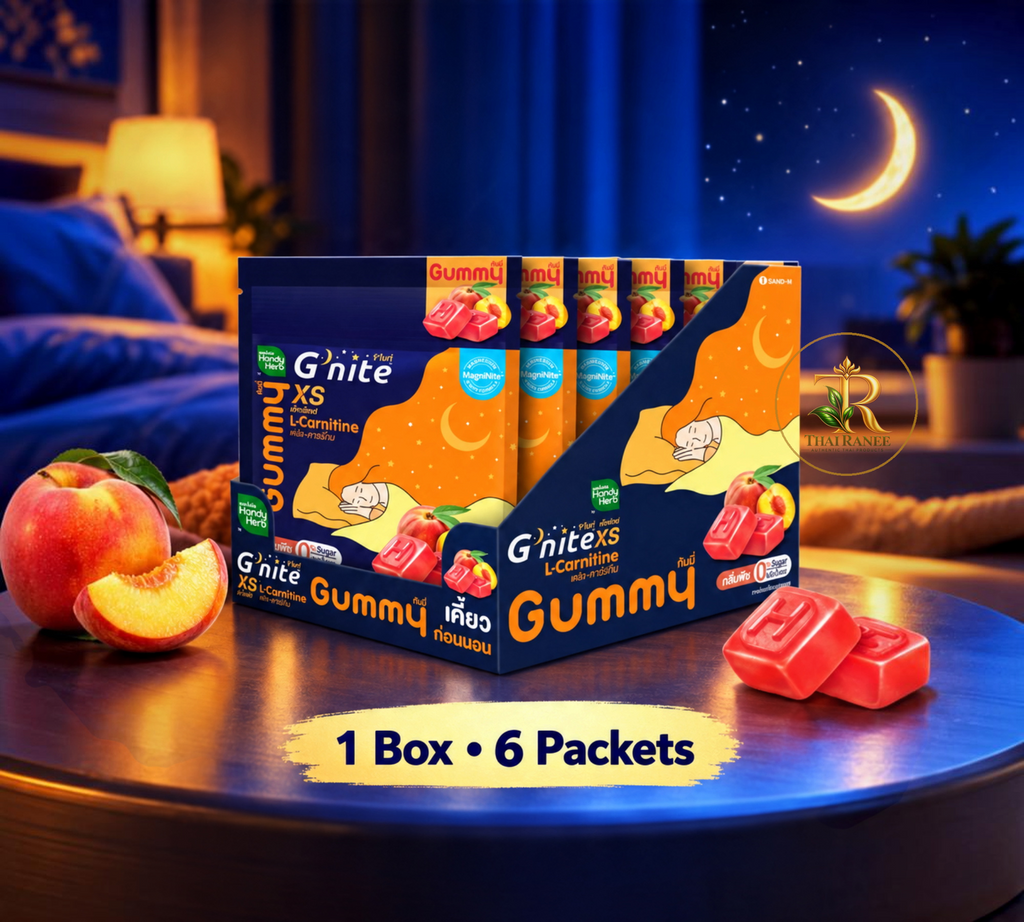 Thai Ranee HandyHerb G'nite XS peach-flavoured sleep support gummies with L-Carnitine in a 6-packet display box