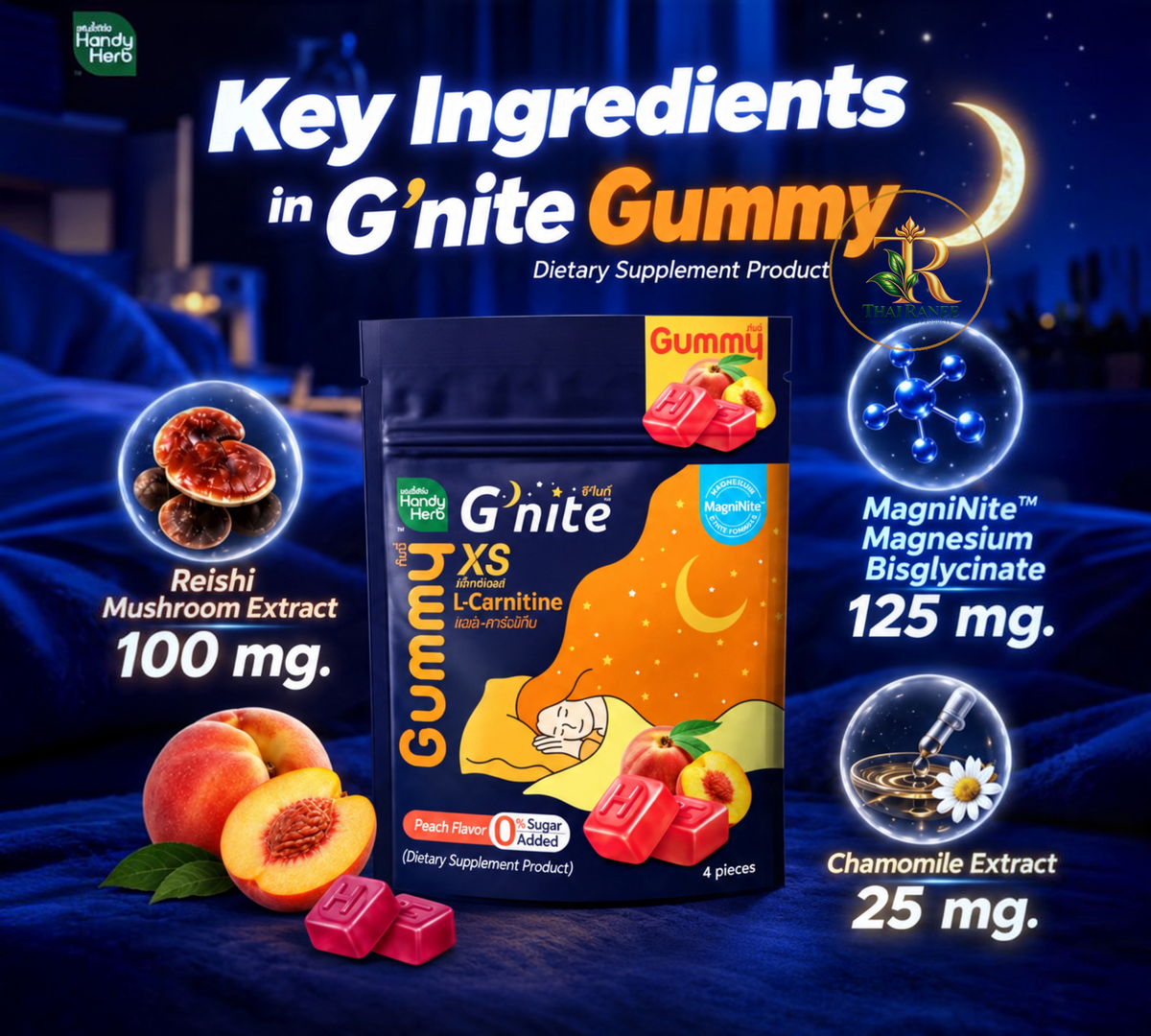 Thai Ranee HandyHerb G'nite XS peach-flavoured sleep support gummies with Reishi, Chamomile, and L-Carnitine ingredients