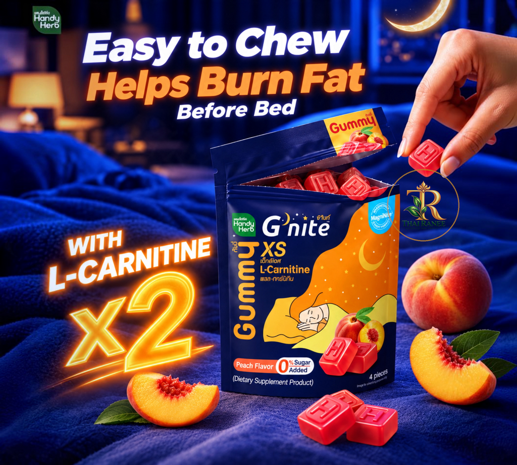 Thai Ranee HandyHerb G'nite XS peach-flavoured sleep support gummies with L-Carnitine in a convenient travel packet