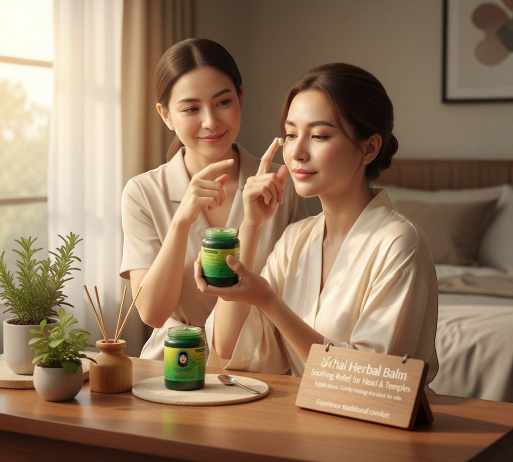 Thai Ranee herbal balm being applied to a woman's temple by a friend for soothing relief in a calm bedroom setting.