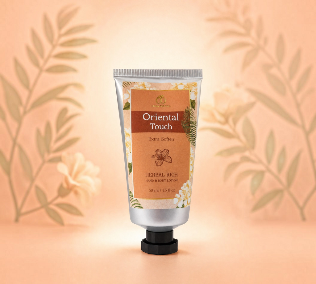Thai Ranee Immortal Oriental Touch herbal rich hand and body lotion in a 50ml squeeze tube with floral packaging.