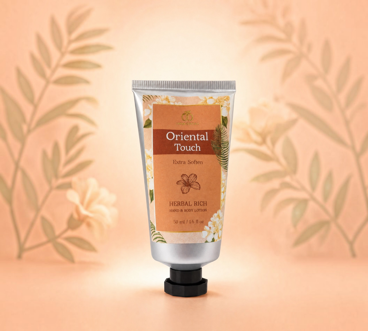 Thai Ranee Immortal Oriental Touch herbal rich hand and body lotion in a 50ml squeeze tube with floral packaging.