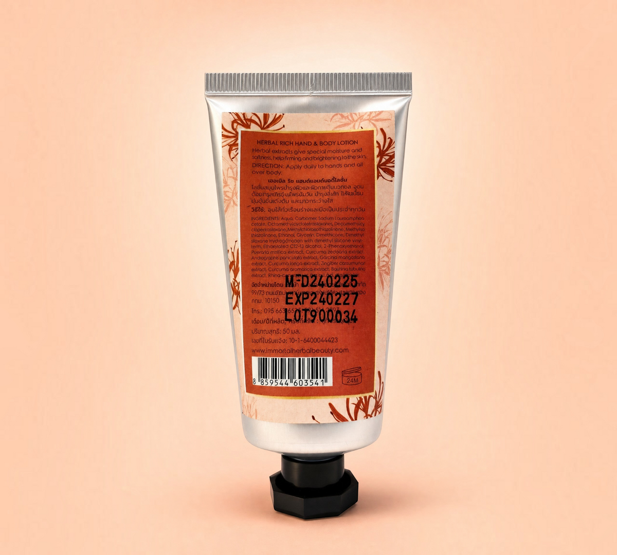 Thai Ranee Immortal Lady Charming herbal hand and body lotion tube with Thai lily fragrance and botanical label design