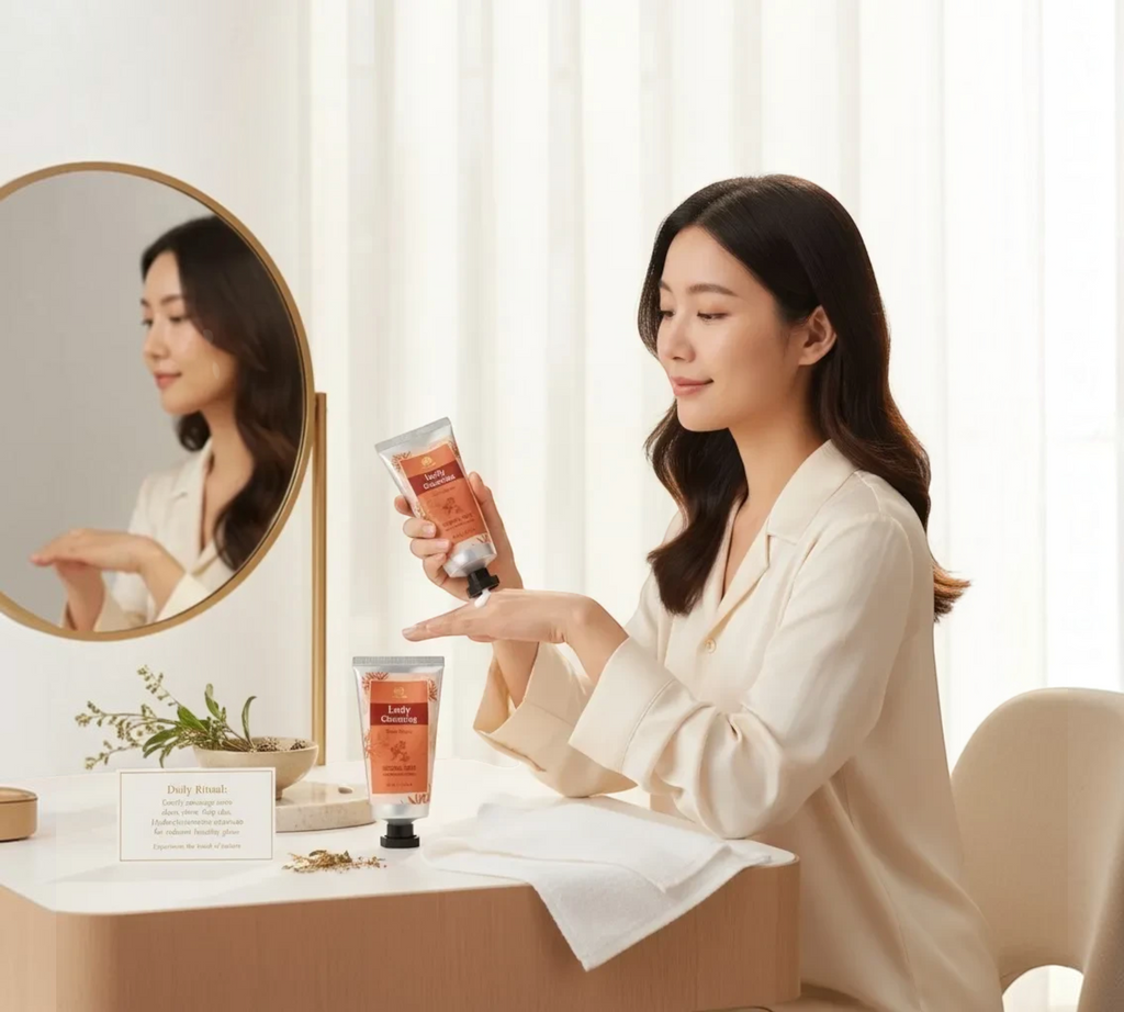 Thai Ranee Immortal Lady Charming herbal hand and body lotion in a tube being applied by a woman at a vanity