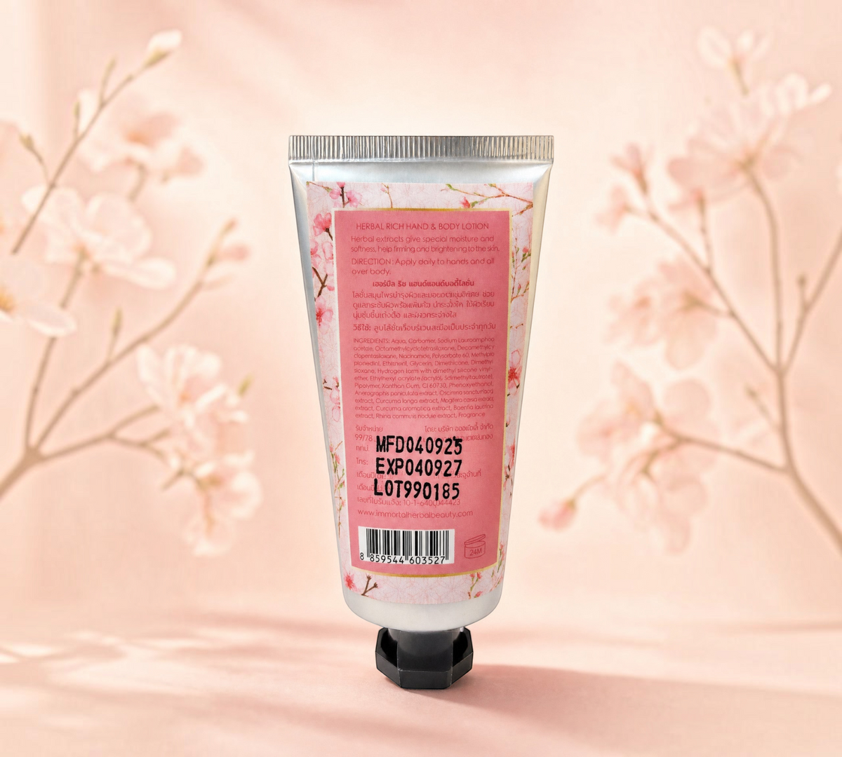 Thai Ranee Immortal Sweet Passion herbal hand and body lotion tube back view with floral design and product details