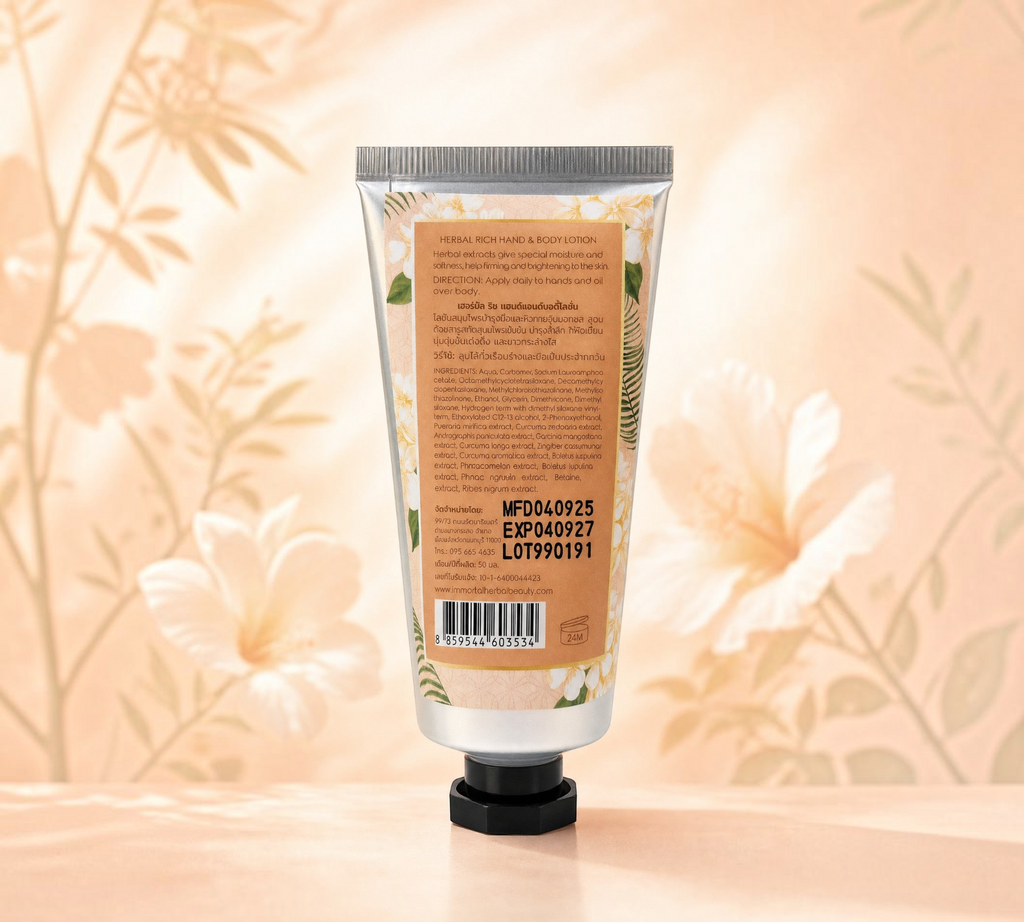 Thai Ranee Immortal Oriental Touch herbal hand and body lotion tube with botanical floral print background