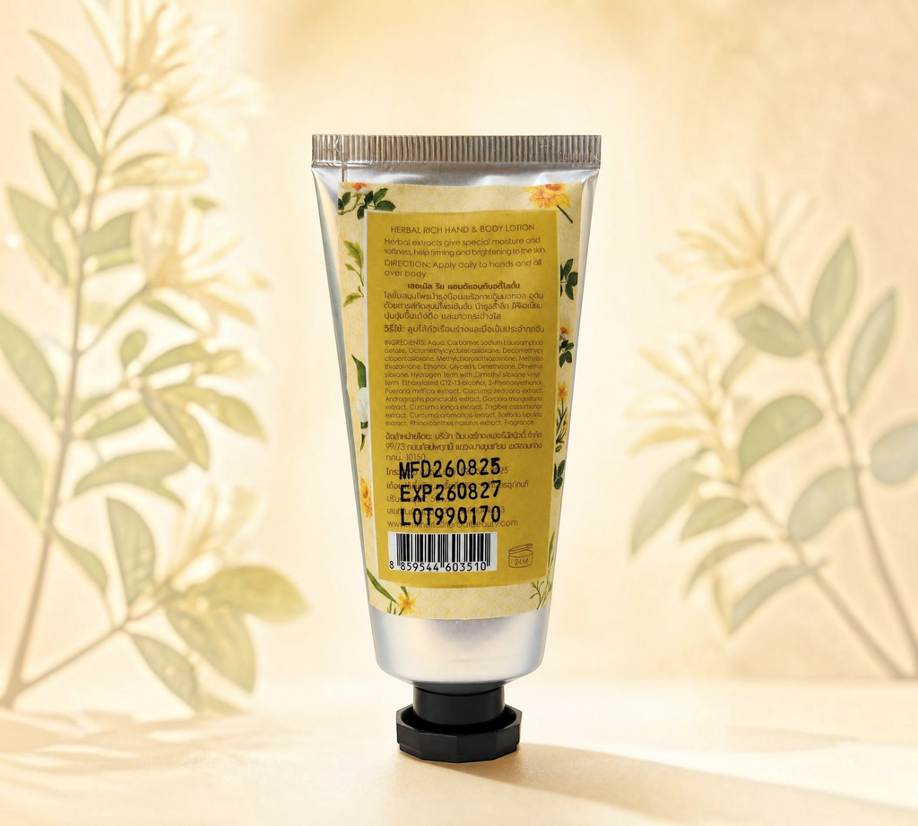 Back of Thai Ranee Enchanted Herbal Rich Hand and Body Lotion tube showing ingredients and usage instructions