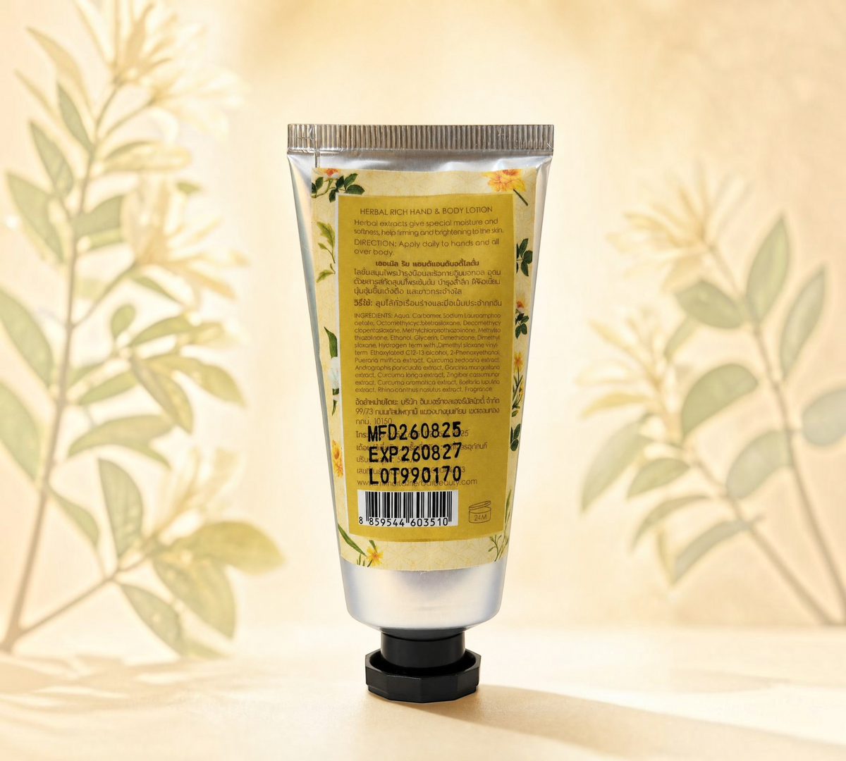 Back of Thai Ranee Enchanted Herbal Rich Hand and Body Lotion tube showing ingredients and usage instructions