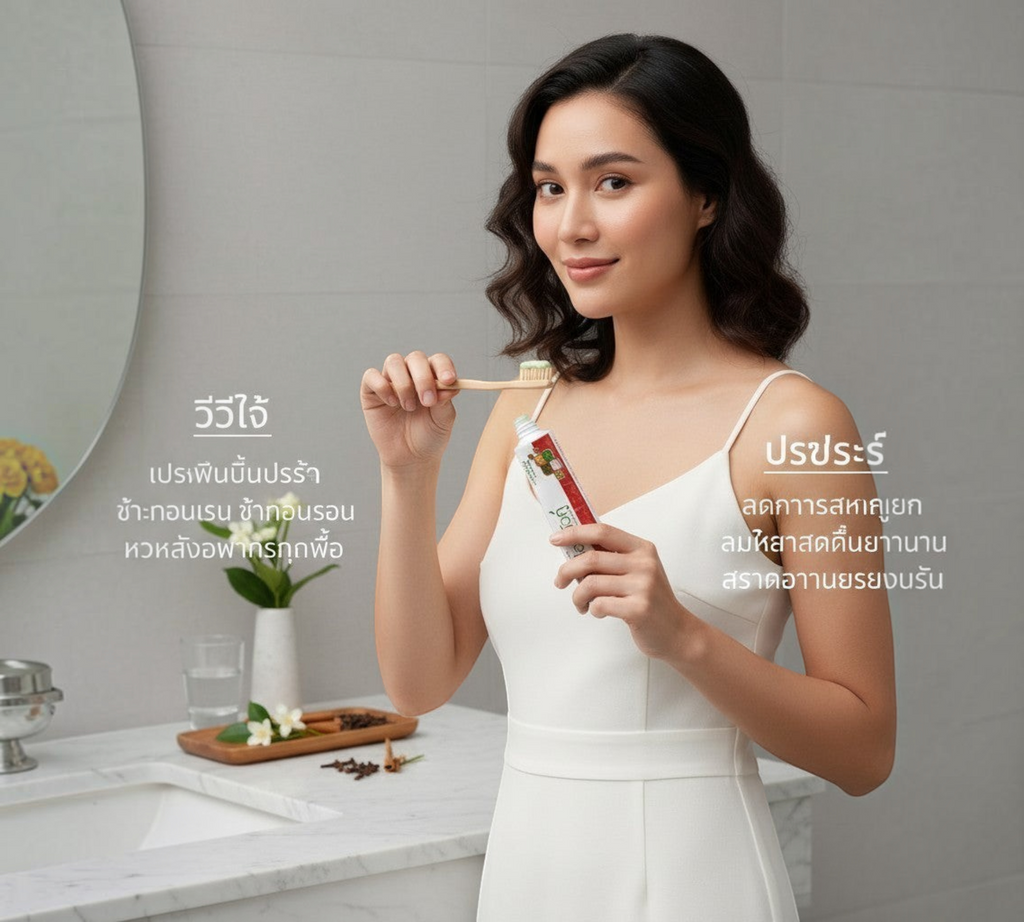 Thai Ranee Dok Bua Ku herbal sensitive toothpaste held by a woman in a white dress in a bright bathroom setting.