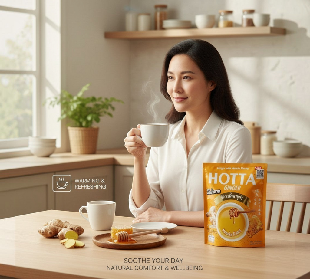 Thai Ranee woman drinking HOTTA ginger and Manuka honey instant beverage in a bright, cozy kitchen setting.