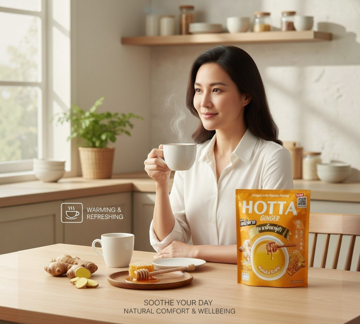 Thai Ranee woman drinking HOTTA ginger and Manuka honey instant beverage in a bright, cozy kitchen setting.
