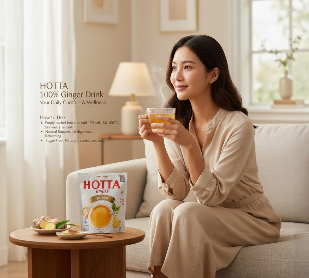 Thai Ranee HOTTA 100% instant ginger drink sachet pack with a woman enjoying a warm cup of ginger tea in a cozy room.