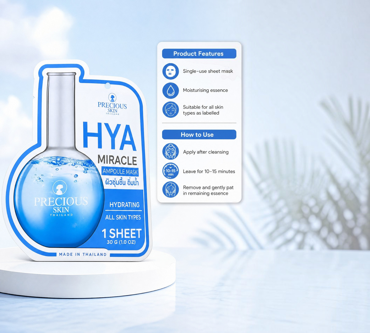 Thai Ranee Precious Skin HYA Miracle Ampoule sheet mask in a blue flask-shaped packet with hydrating essence.