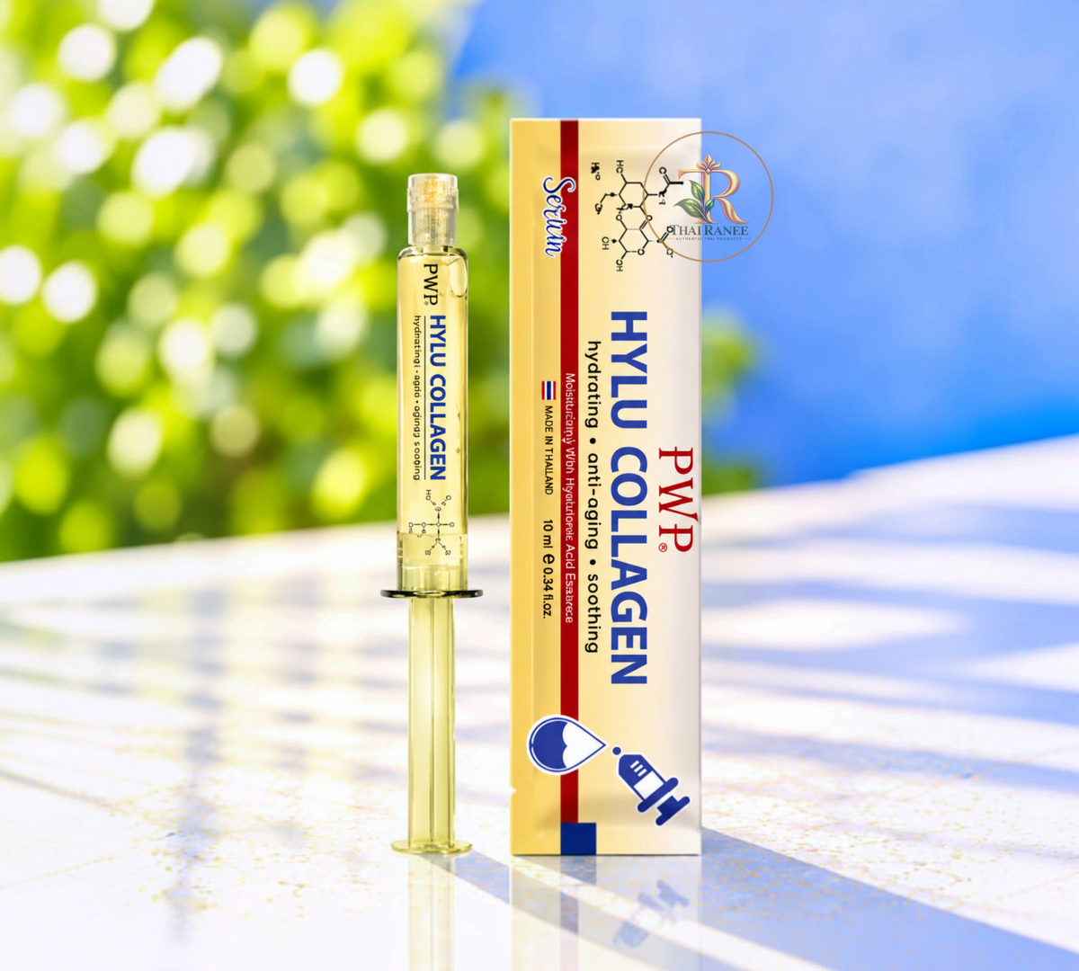 Thai Ranee PWP Hylu Collagen hydrating anti-aging essence in a syringe applicator with its matching product box.