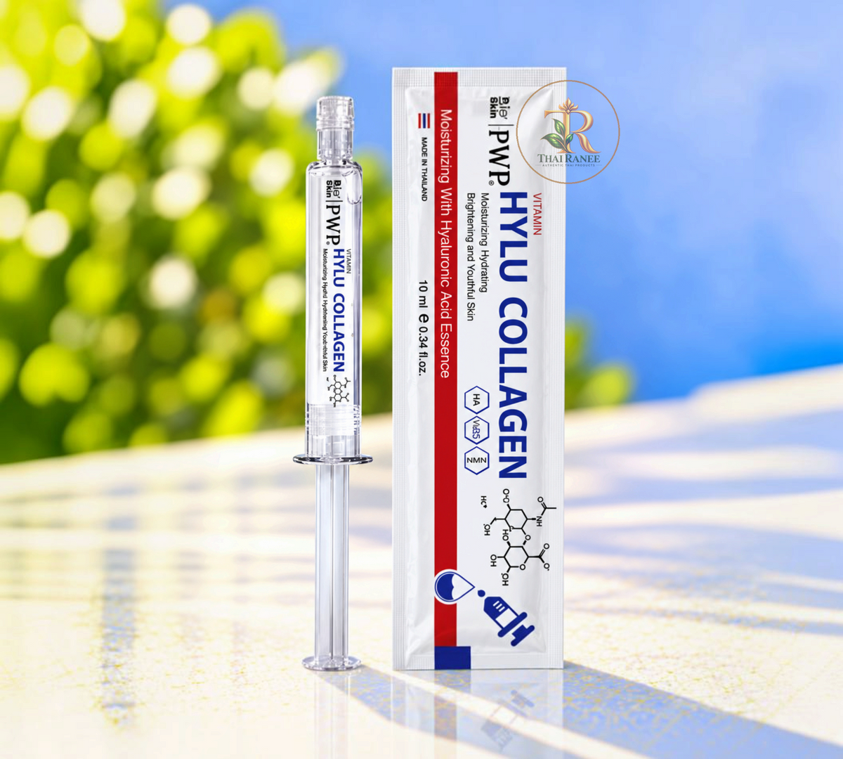 Thai Ranee Ble Skin PWP Hylu Collagen essence in a syringe applicator with its white and red product packaging box.