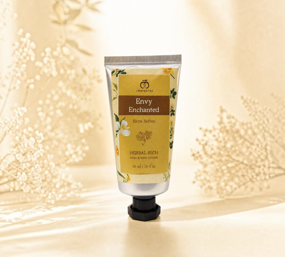 Thai Ranee Immortal Envy Enchanted herbal hand and body lotion in a 50ml travel-friendly tube with floral design