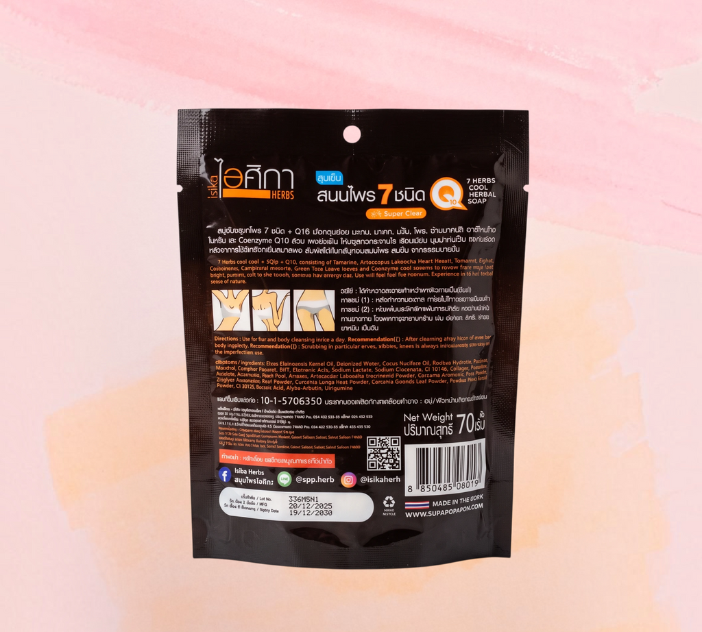 Thai Ranee Isika Herbs Seven Herbs Cool Herbal Soap packaging back view with ingredient list and usage instructions