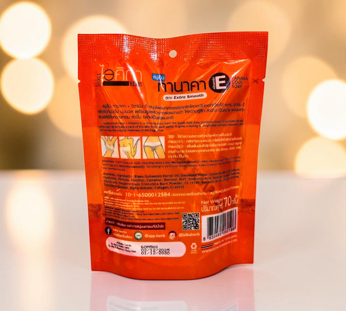 Thai Ranee Isika Tanaka Cool Soap with Vitamin E in orange packaging with herbal ingredients and usage instructions