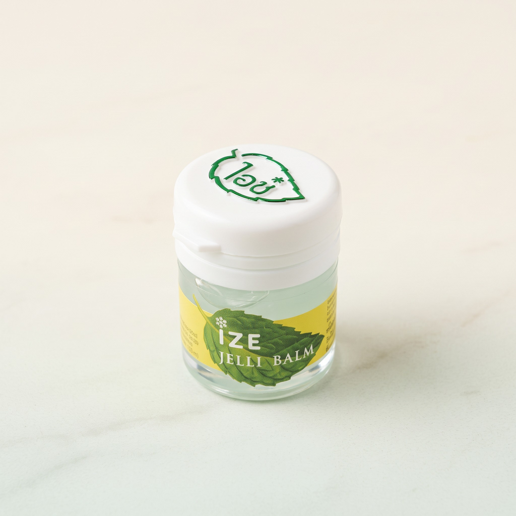Thai Ranee Ize Jelli Balm cooling topical gel in a small clear jar with a white lid, featuring menthol and eucalyptus.