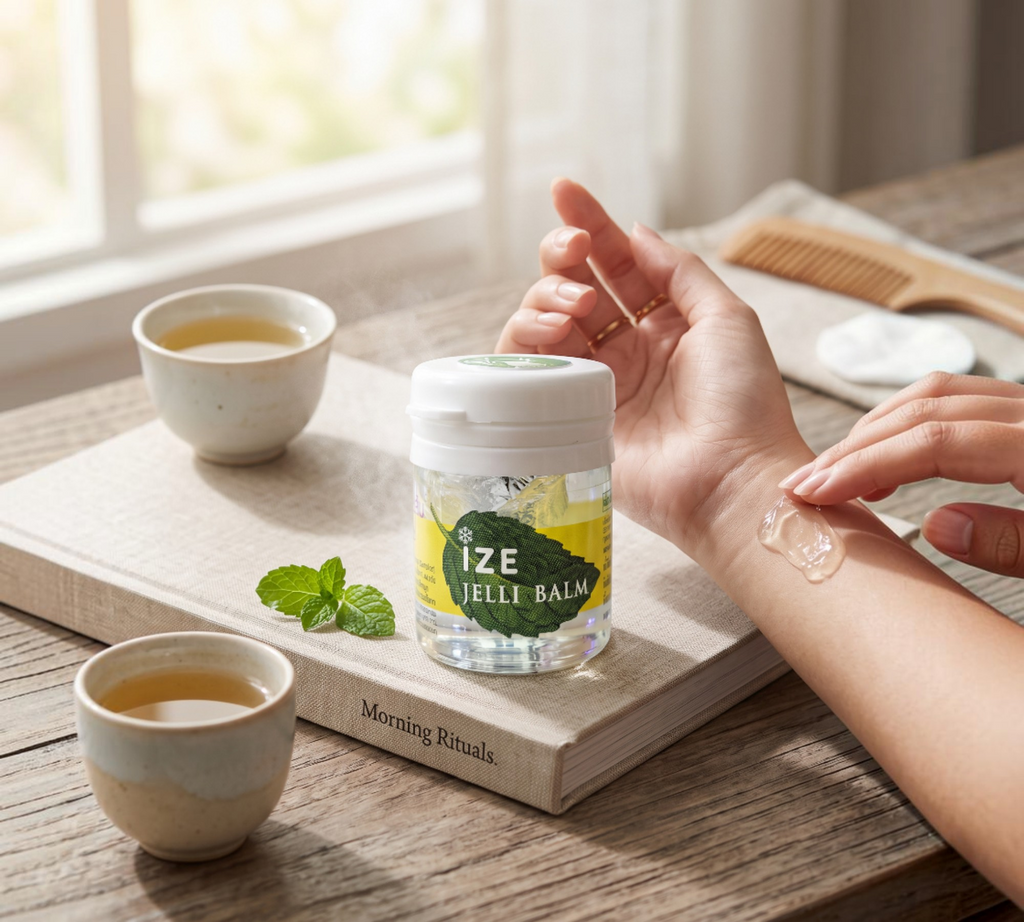 Thai Ranee Ize Jelli Balm cooling gel applied to a wrist, featuring menthol, camphor, and eucalyptus for relief.