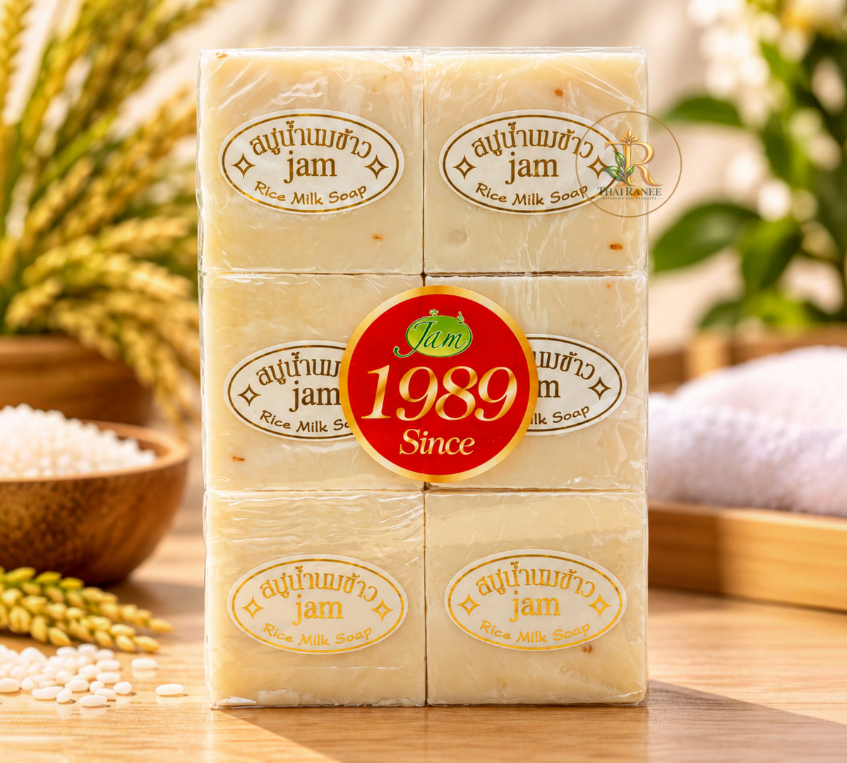 Thai Ranee Jam natural handmade rice milk soap bars in clear packaging with a red 1989 anniversary sticker