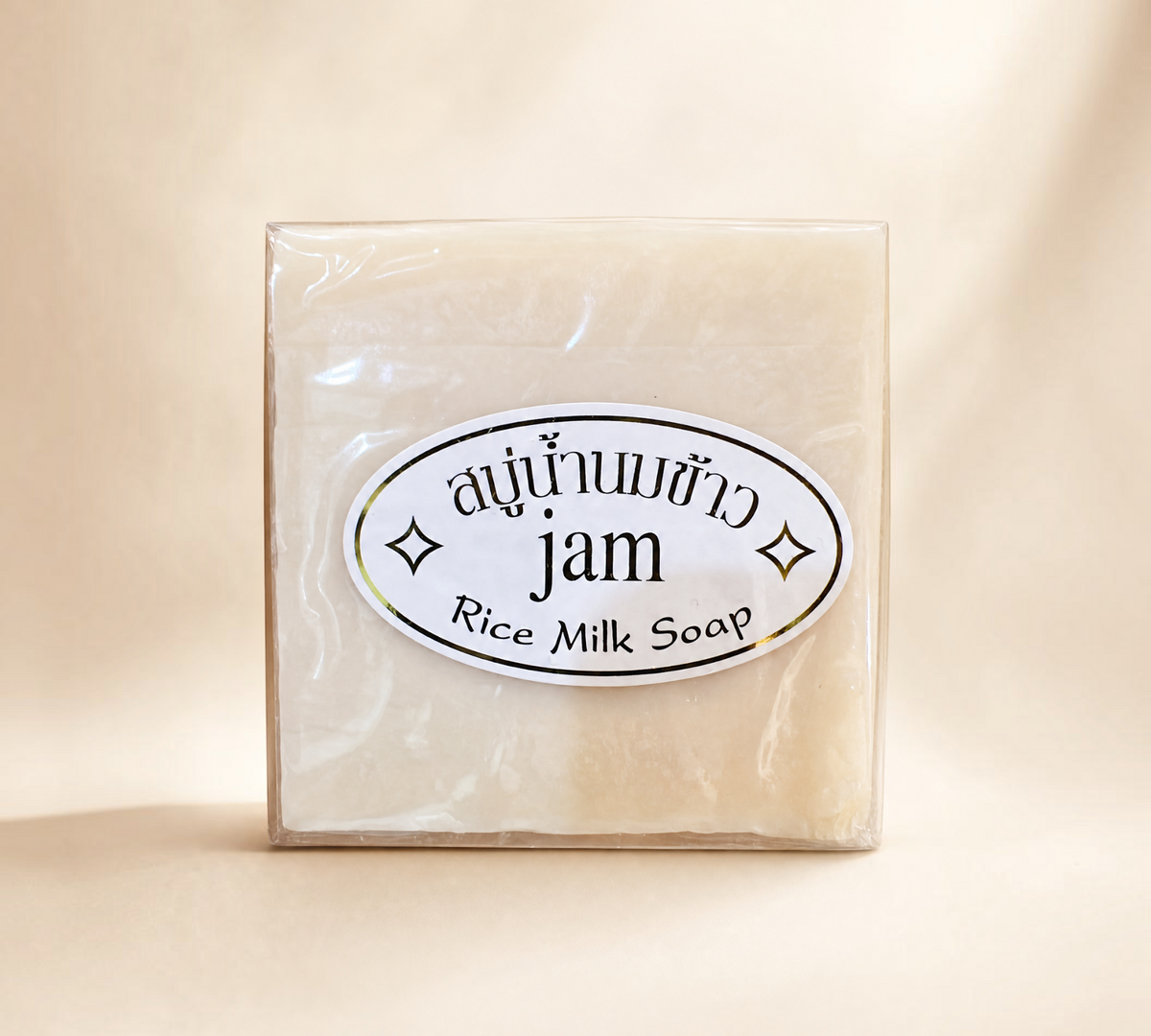 Thai Ranee Jam Rice Milk Soap bar with glutathione and collagen in clear plastic packaging